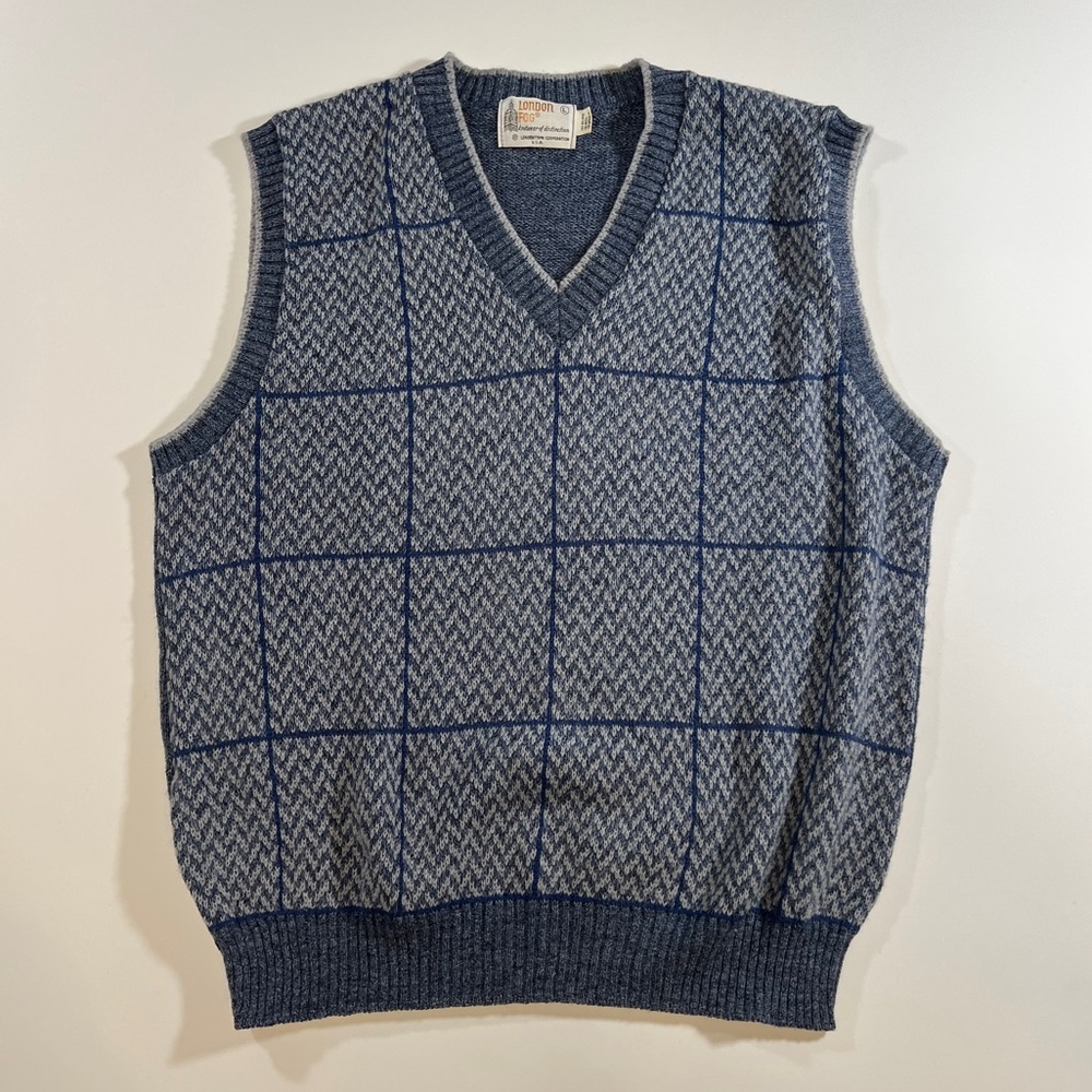 Vintage Men's London Fog Wool Blend Plaid Blue Grey Sweater Vest Sz L